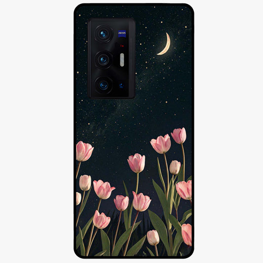 Midnight Tulip Whispers Vibe Glass Case showing flat back view with elegant tulip flower artwork and glossy glass finish.