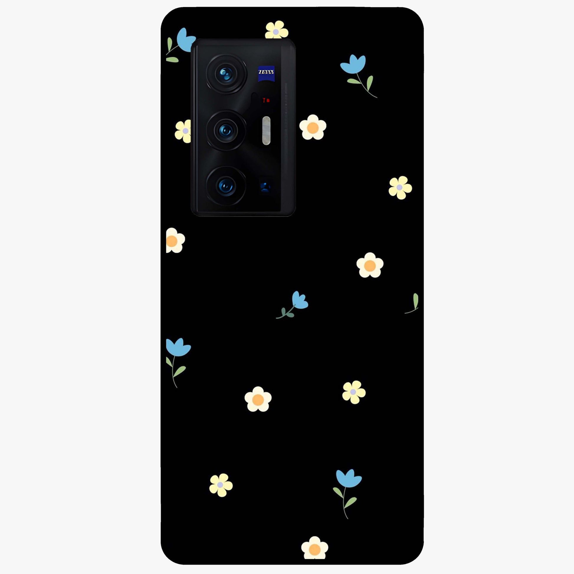 Minimalistic Blue With White Flower Pattern Glass Case showing flat back view with blue background and white flower pattern and glossy glass finish.