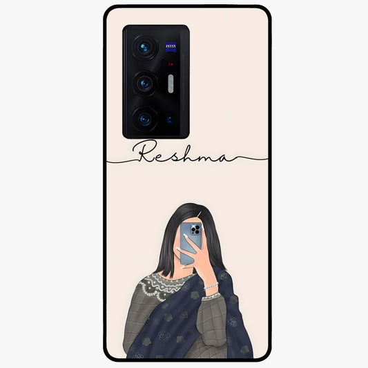 Mirror Mood Muse With Custom Name Glass Case showing flat back view with stylish mirrored artwork and personalized name design.