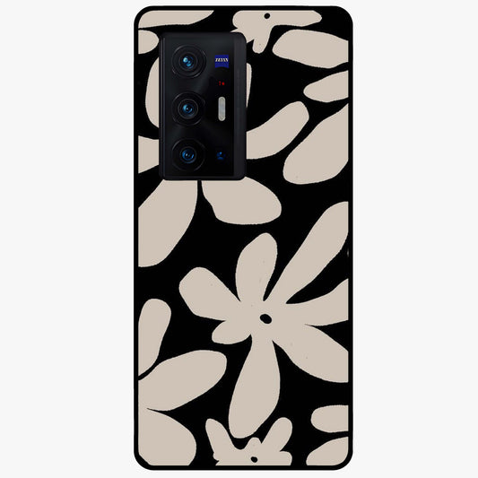 Monochrome Petal Dance Glass Case showing flat back view with monochrome floral artwork and glossy glass finish.