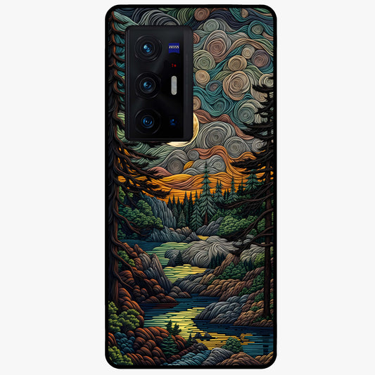 Moonlight Forest Dream Glass Case showing flat back view with mystical forest moonlight artwork and glossy glass finish.