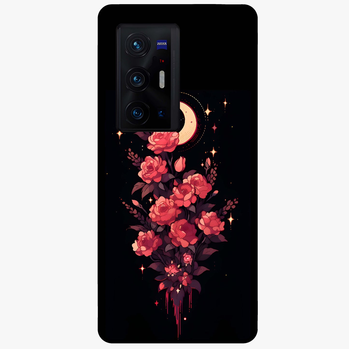 Moonlit Floral Elegance Glass Case showing flat back view with elegant floral artwork under moonlit tones and glossy glass finish.