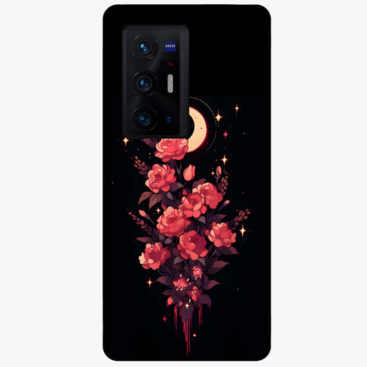 Moonlit Floral Elegance Glass Case showing flat back view with elegant floral artwork under moonlit tones and glossy glass finish.