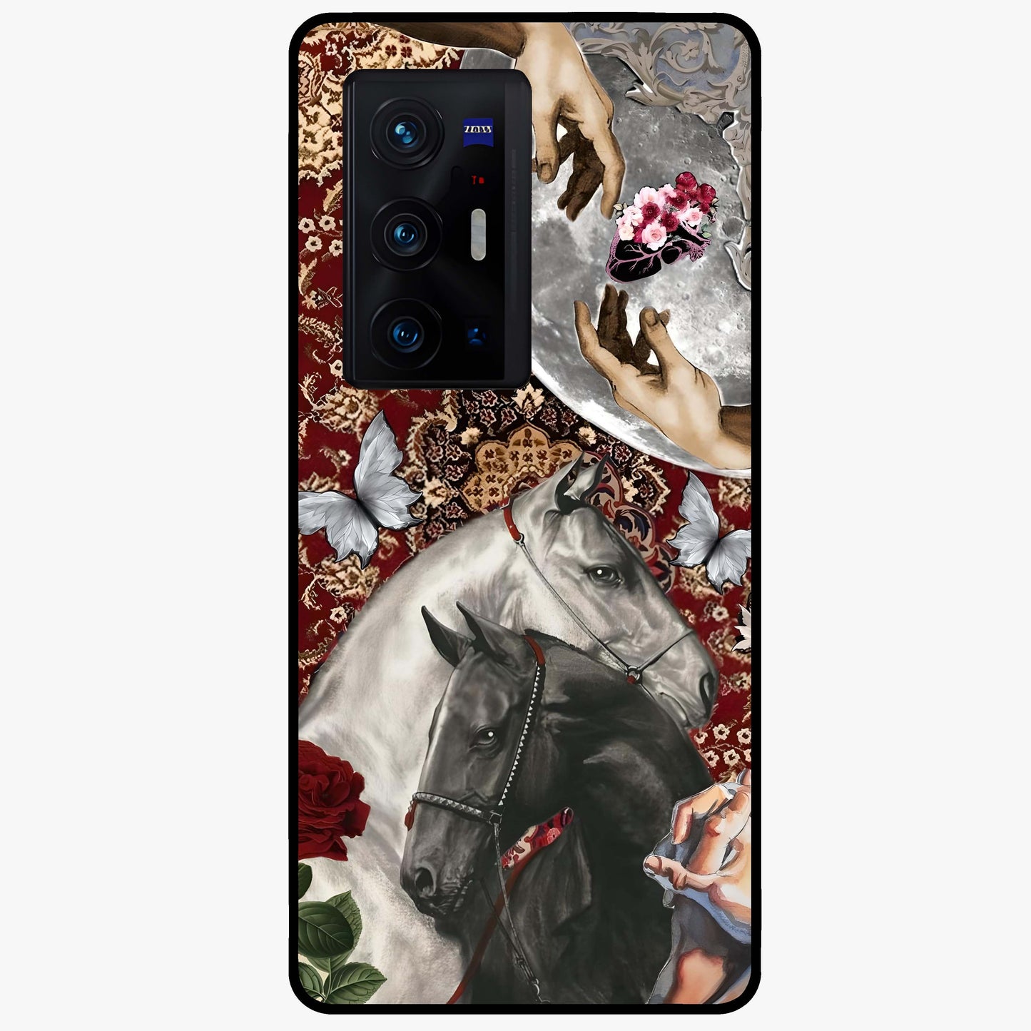 Moonlit Royal Stallion Glass Case showing flat back view with majestic horse under moonlight artwork and glossy glass finish.