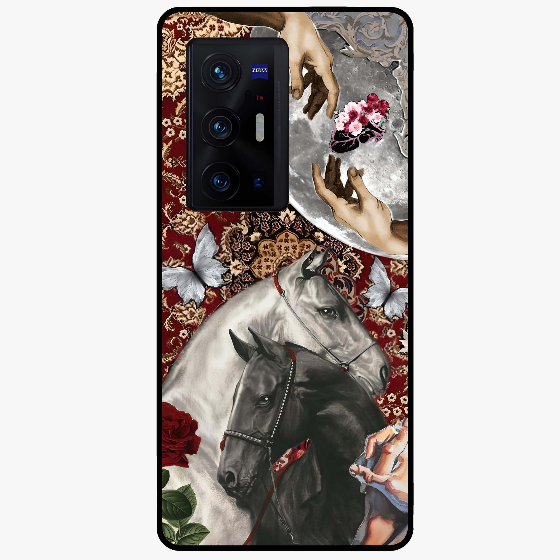 Moonlit Royal Stallion Glass Case showing flat back view with majestic horse under moonlight artwork and glossy glass finish.