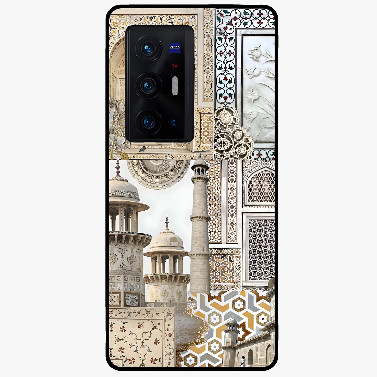 Mughal Marble Legacy Glass Case showing flat back view with intricate Mughal inspired marble pattern and glossy glass finish.