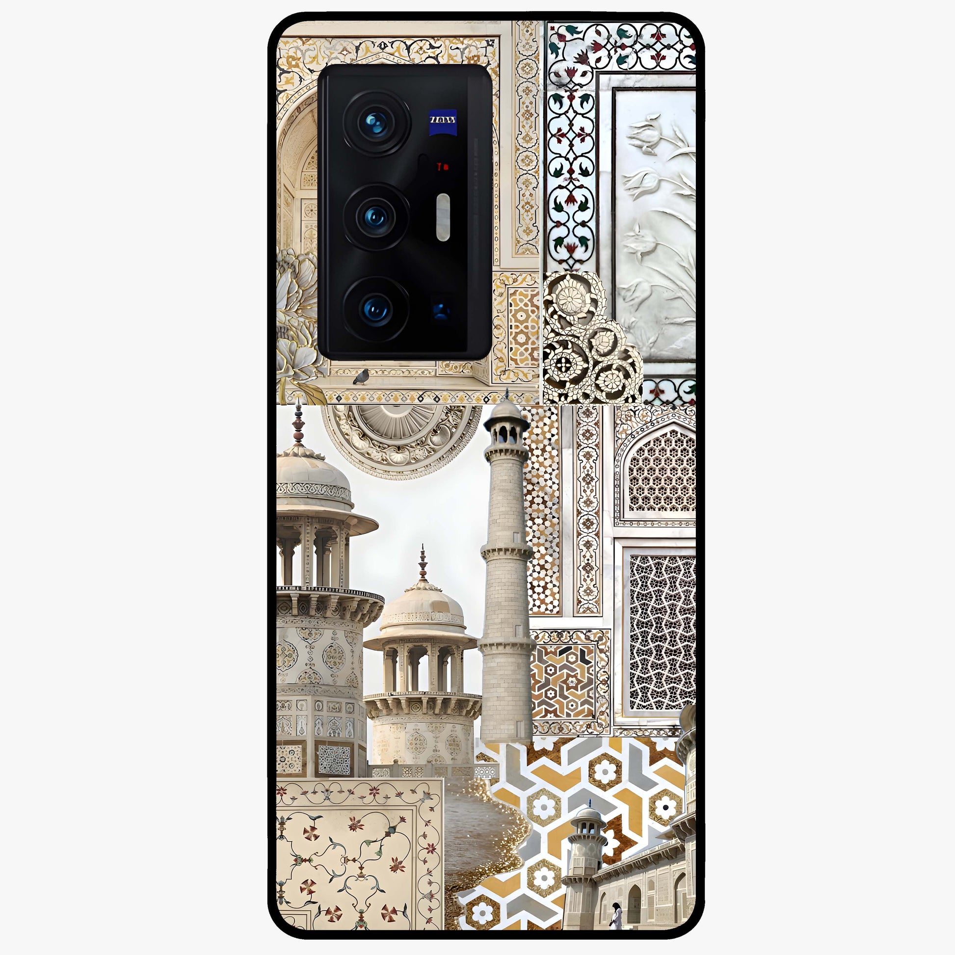 Mughal Marble Legacy Glass Case showing flat back view with intricate Mughal inspired marble pattern and glossy glass finish.