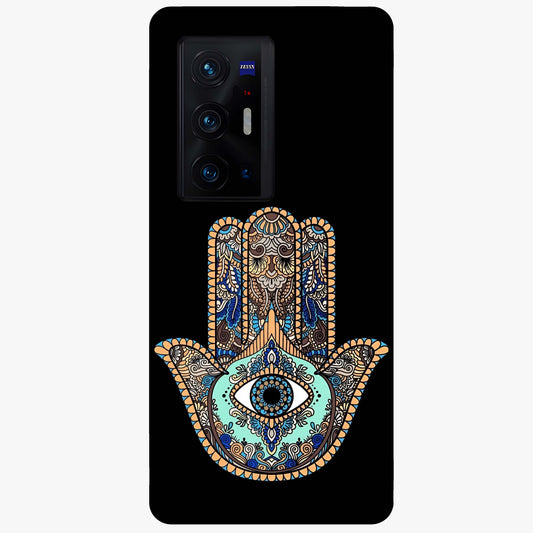 Mystic Hamsa Eye Glass Case showing flat back view with protective hamsa hand and evil eye artwork and glossy glass finish.