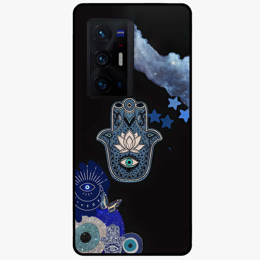 Mystic Hand Aura Glass Case showing flat back view with mystical hand symbol artwork and glossy glass finish.