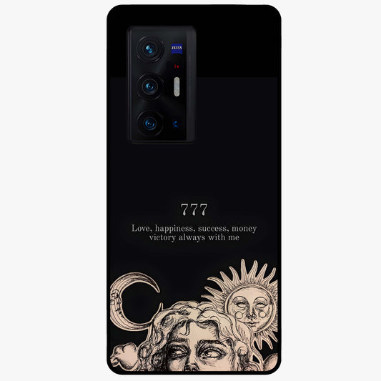 Mystic Victory Aura Glass Case showing flat back view with victory symbol artwork and glossy glass finish.