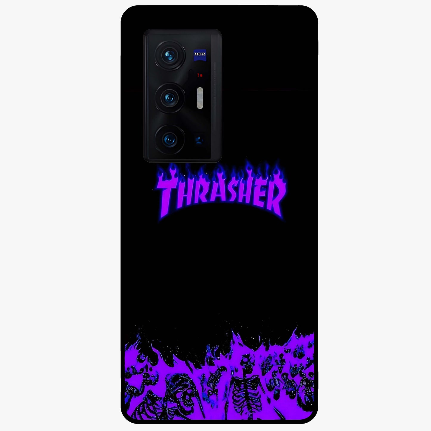 Neon Flame Riot Glass Case showing flat back view with neon flame artwork and glossy glass finish.