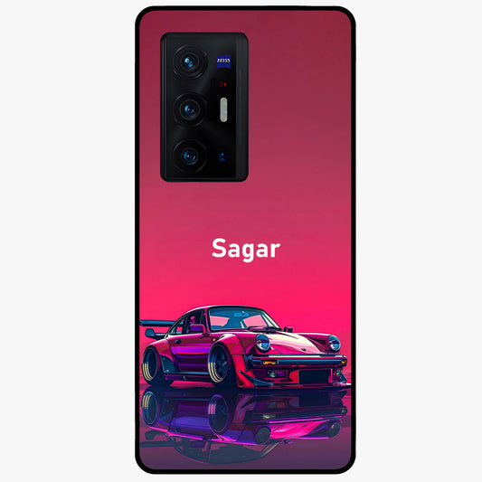 Neon Pink Porsche Glass Case showing flat back view with stylish sports car artwork and glossy glass finish.