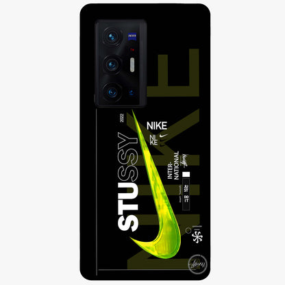 Neon Street Edition Glass Case showing flat back view with neon street style artwork and glossy glass finish.