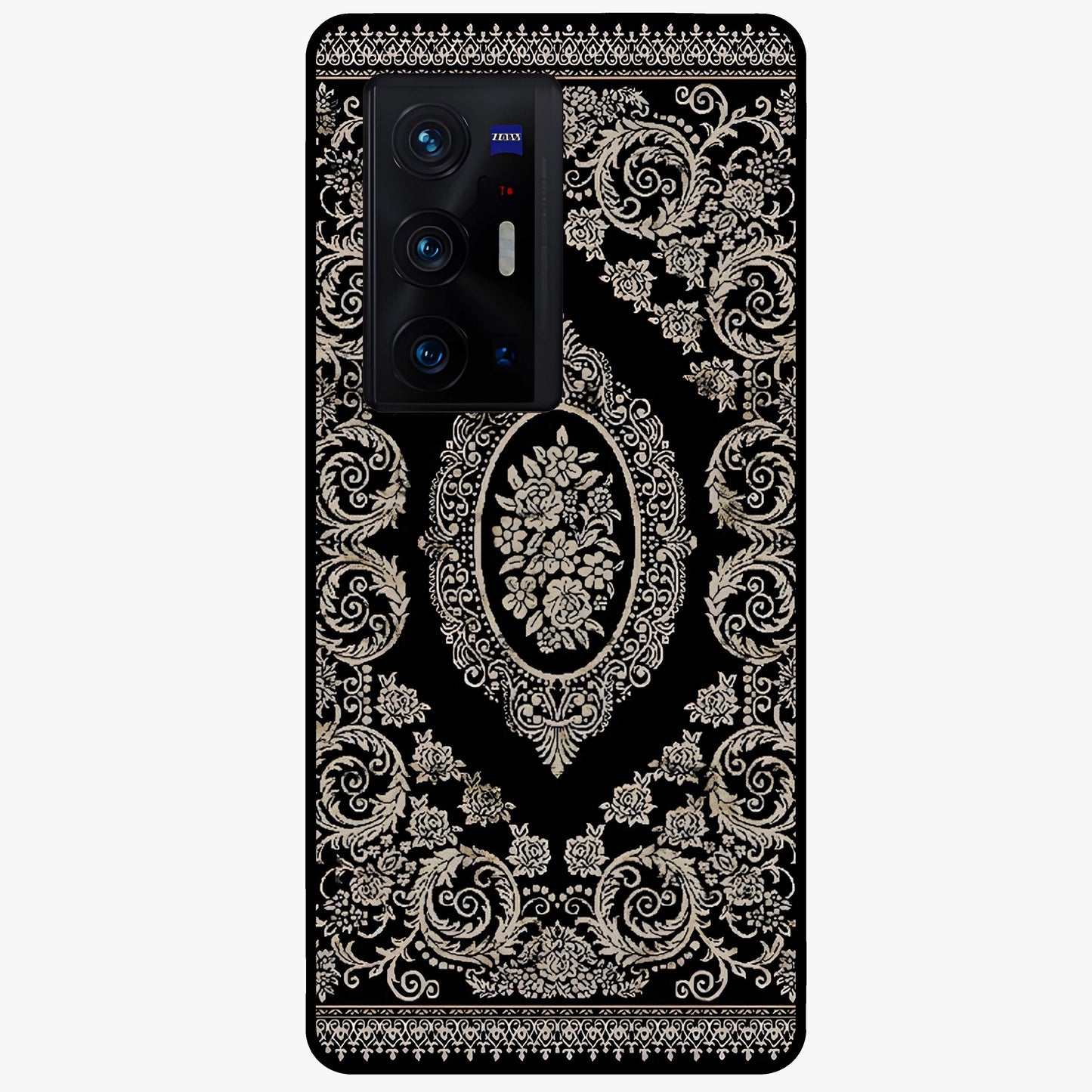 Noir Bloom Elegance Glass Case showing flat back view with elegant dark floral artwork and glossy glass finish.