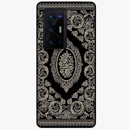 Noir Bloom Elegance Glass Case showing flat back view with elegant dark floral artwork and glossy glass finish.
