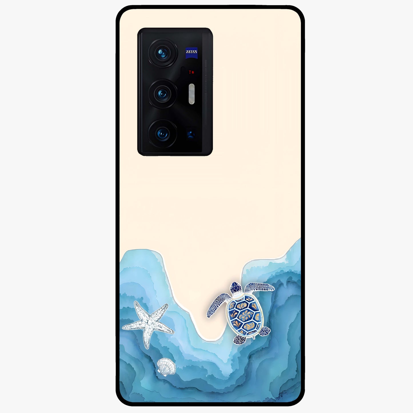 Ocean Drift Turtle Glass Case showing flat back view with sea turtle artwork and glossy glass finish.