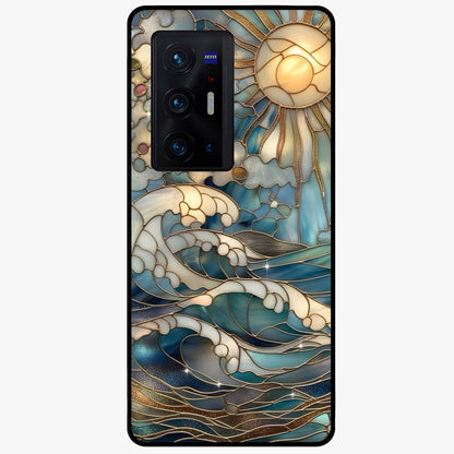Oceanic Stained Printed Glass Case showing flat back view with ocean inspired stained pattern artwork and glossy glass finish.