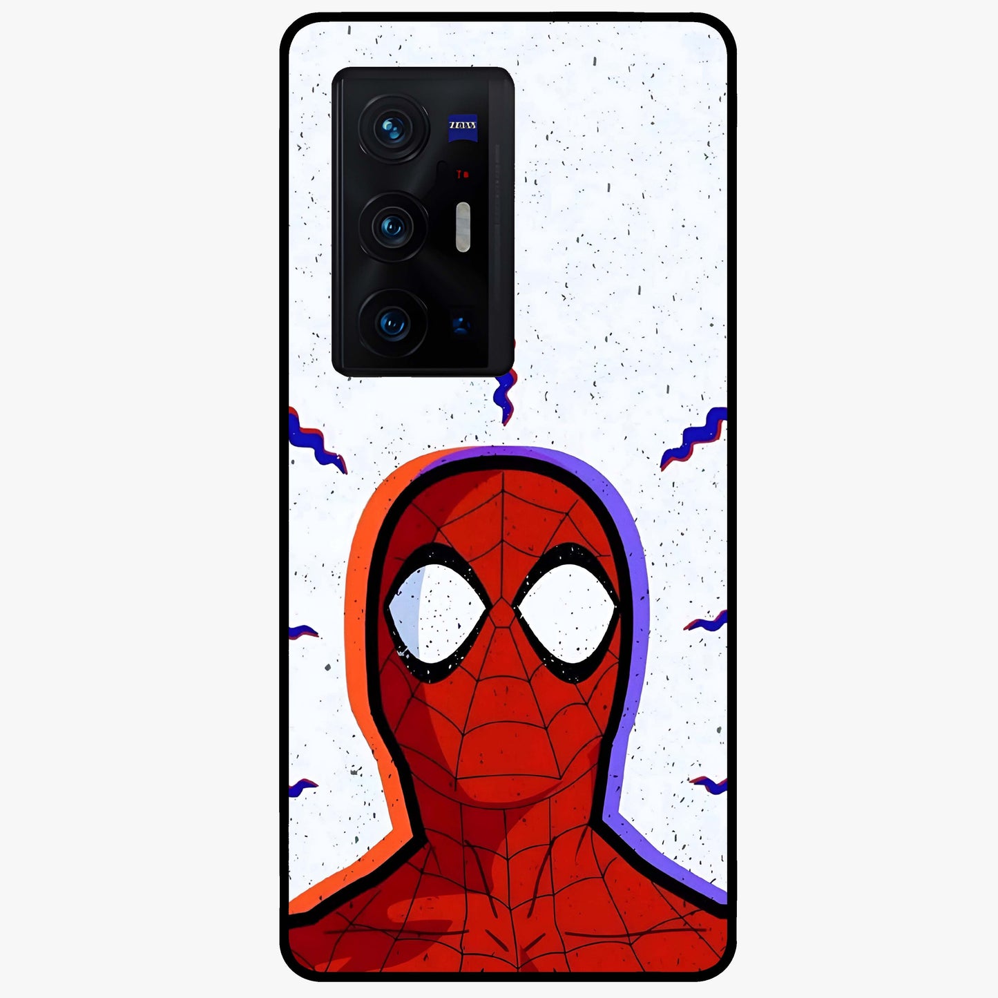 Omg Spiderman Glass Case showing flat back view with bold superhero inspired artwork and glossy glass finish.