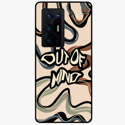 Out Of Mind Glass Case showing flat back view with expressive typography artwork and glossy glass finish.