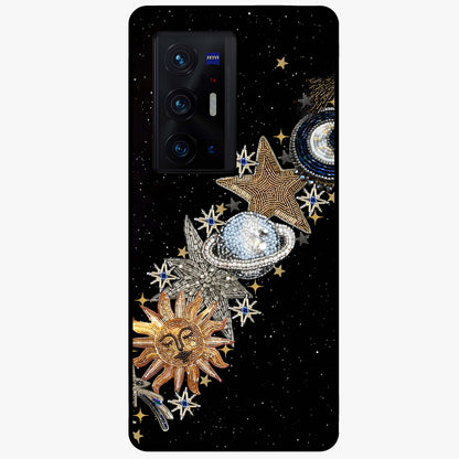 Pearls Universe Object Glass Case showing flat back view with pearl inspired cosmic artwork and glossy glass finish.