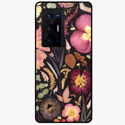 Petal Dream Tapestry Glass Case showing flat back view with intricate floral tapestry artwork and glossy glass finish.