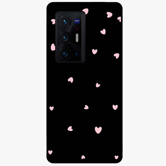 Pink Love Drops Glass Case showing flat back view with playful pink heart drops artwork and glossy glass finish.