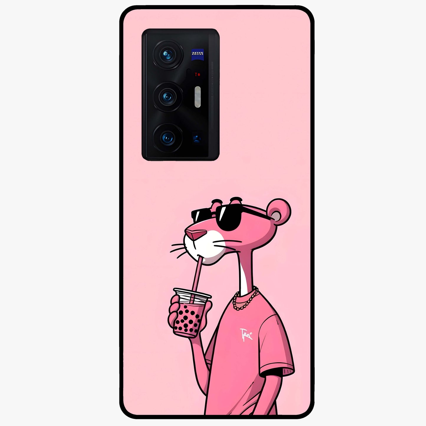 Pink Panther Glass Case showing flat back view with iconic pink panther artwork and glossy glass finish.
