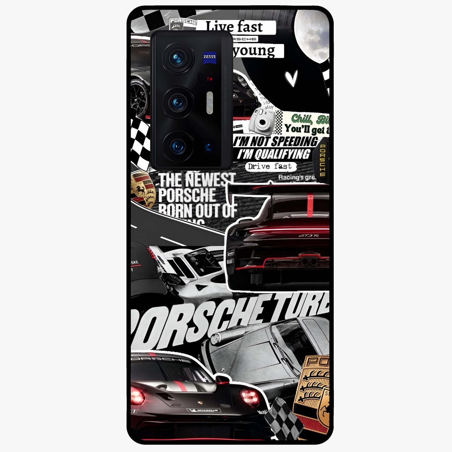 Porsche Racing Collage Glass Case showing flat back view with sports car racing collage artwork and glossy glass finish.