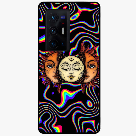 Psychedelic Sun Glass Case showing flat back view with colorful psychedelic sun artwork and glossy glass finish.