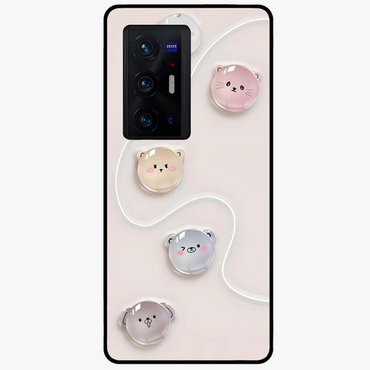 Puffy Face Parade Glass Case showing flat back view with cute puffy character faces artwork and glossy glass finish.