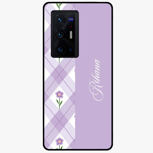Purple Diamond Floral Glass Case showing flat back view with diamond shaped floral artwork and glossy glass finish.