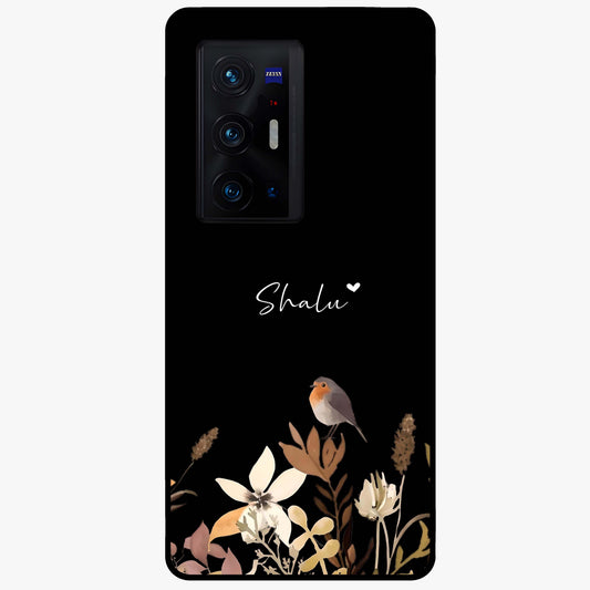 Quiet Garden Tune Custom Name Glass Case showing flat back view with peaceful garden artwork and personalized name design.