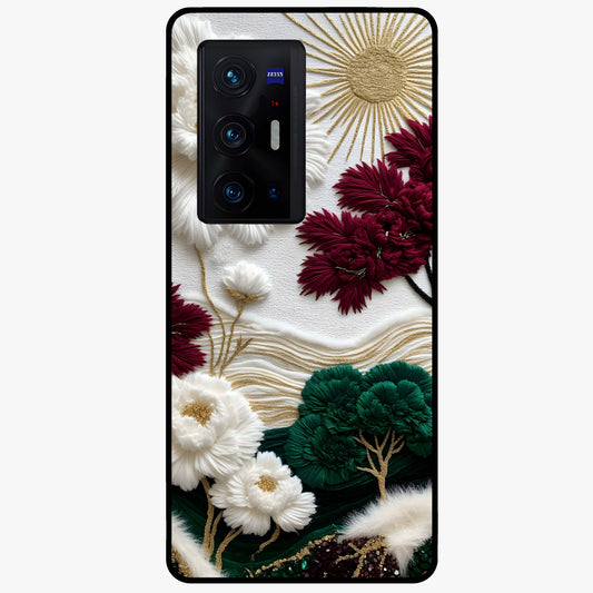 Radiant Bloom Elegance Glass Case showing flat back view with elegant blooming flower artwork and glossy glass finish.