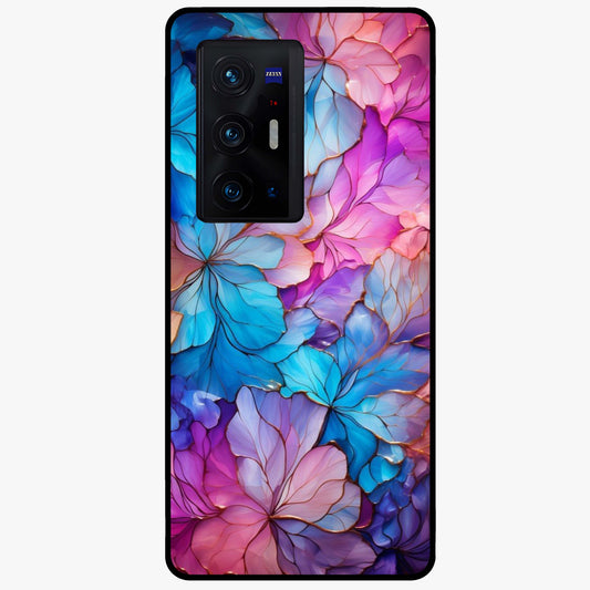 Radiant Floral Whirl Glass Case showing flat back view with swirling floral artwork and glossy glass finish.