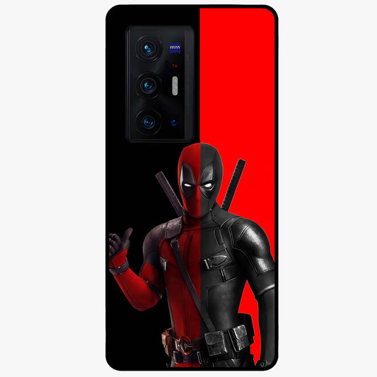 Red & Black Deadpool Theme Glass Case showing flat back view with bold comic inspired artwork and glossy glass finish.