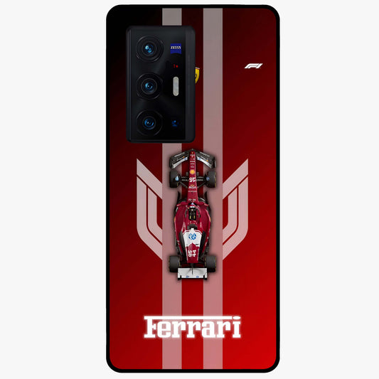 Red Ferrari F1 Vertical Glass Case showing flat back view with sleek Formula racing car artwork and glossy glass finish.