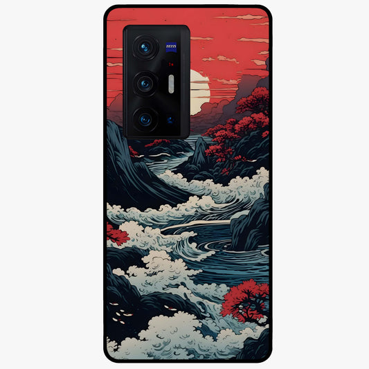 Red Sunset Scenery Glass Case showing flat back view with vibrant sunset landscape artwork and glossy glass finish.