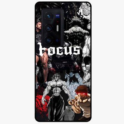 Relentless Power Focus Glass Case showing flat back view with motivational typography artwork and glossy glass finish.