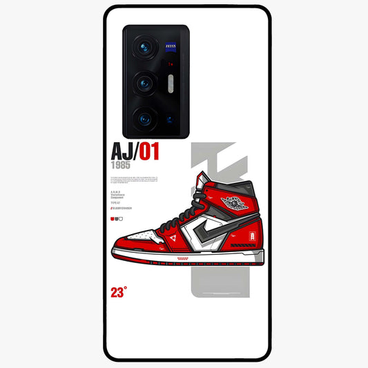 Retro Sneaker Blueprint Glass Case showing flat back view with sneaker blueprint style artwork and glossy glass finish.
