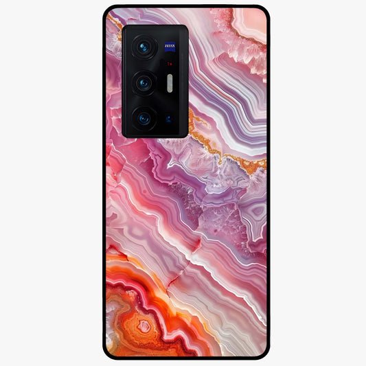 Rose Quartz Marble Glass Case showing flat back view with pink marble quartz texture artwork and glossy glass finish.