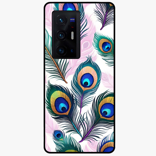 Royal Peacock Feathers Glass Case showing flat back view with colorful peacock feather artwork and glossy glass finish.