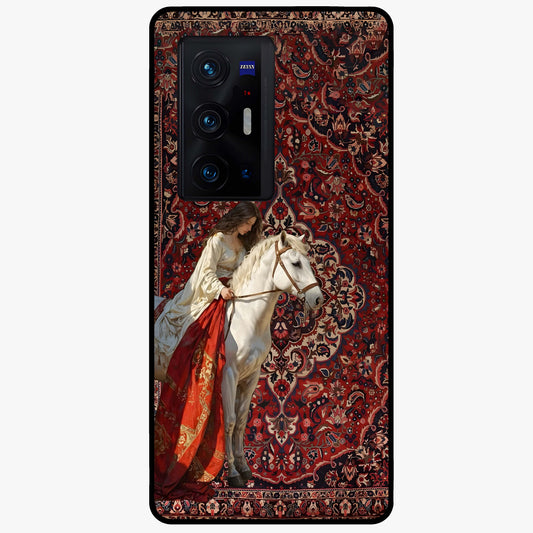 Royal Rider Tapestry Glass Case showing flat back view with majestic horse rider tapestry artwork and glossy glass finish.