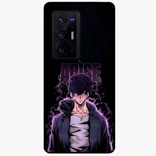 Shadow Monarch Awakening Glass Case showing flat back view with powerful dark monarch themed artwork and glossy glass finish.