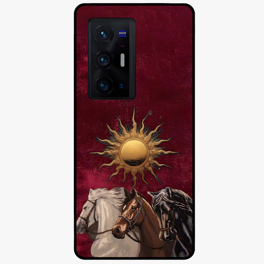 Solar Riders Glass Case showing flat back view with dynamic rider themed artwork and glossy glass finish.