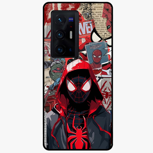 Spider Collage Street Glass Case showing flat back view with vibrant superhero collage artwork and glossy glass finish.