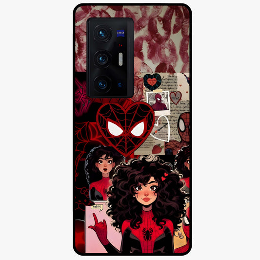 Spider Love Story Glass Case showing flat back view with romantic superhero themed artwork and glossy glass finish.