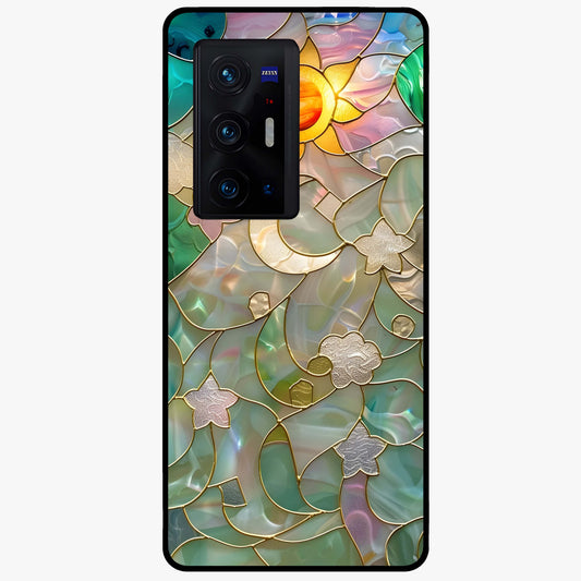 Stained Sunrise Glow Glass Case showing flat back view with glowing sunrise stained pattern artwork and glossy glass finish.