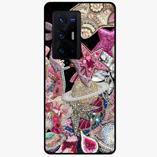 Starlit Jewel Dream Glass Case showing flat back view with sparkling jewel and star themed artwork and glossy glass finish.