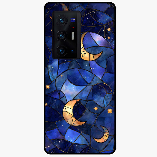 Starlit Sky Tapestry Glass Case showing flat back view with decorative starry sky tapestry artwork and glossy glass finish.