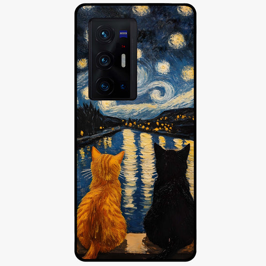 Starry River Cats Glass Case showing flat back view with cats by a starry river artwork and glossy glass finish.